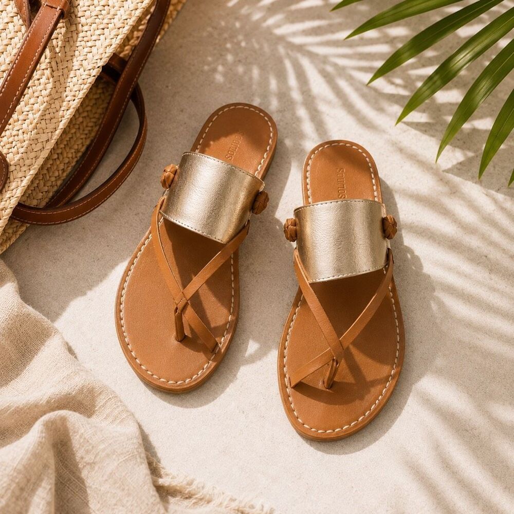 Soludos Metallic Leather Sandals Size 7 Gold Tan Slip-On NWT - Picture 2 of 6